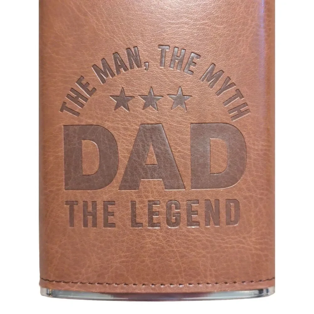 Dad The Man Myth Flask Stainless Steel Embossed Brown Faux Leather Wrap 8oz Gift